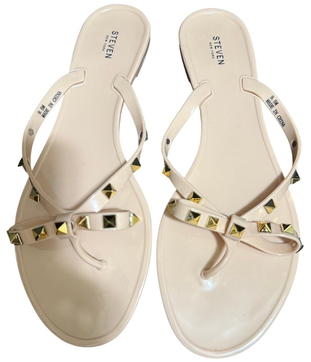 Steven New York Cream & Gold Studded Flip Flops - Size 9.5